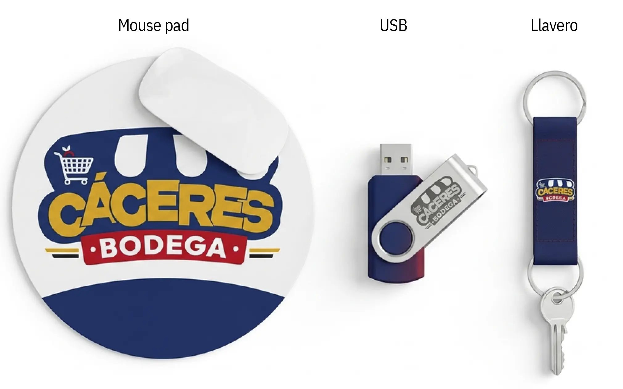 Mouse pad, USB y llavero institucionales de CÁCERES Bodega