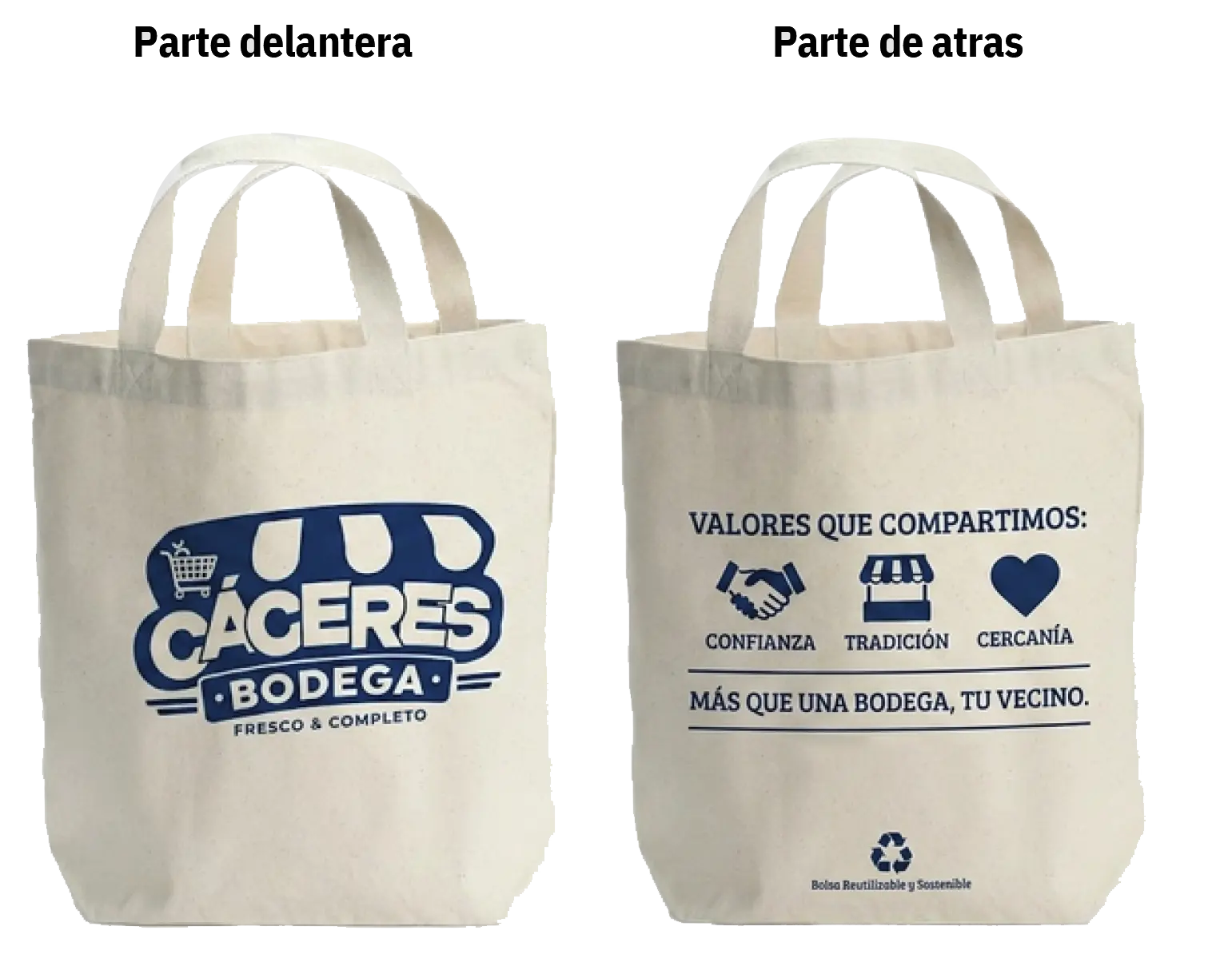 Bolsa institucional de CÁCERES Bodega, parte delantera y trasera
