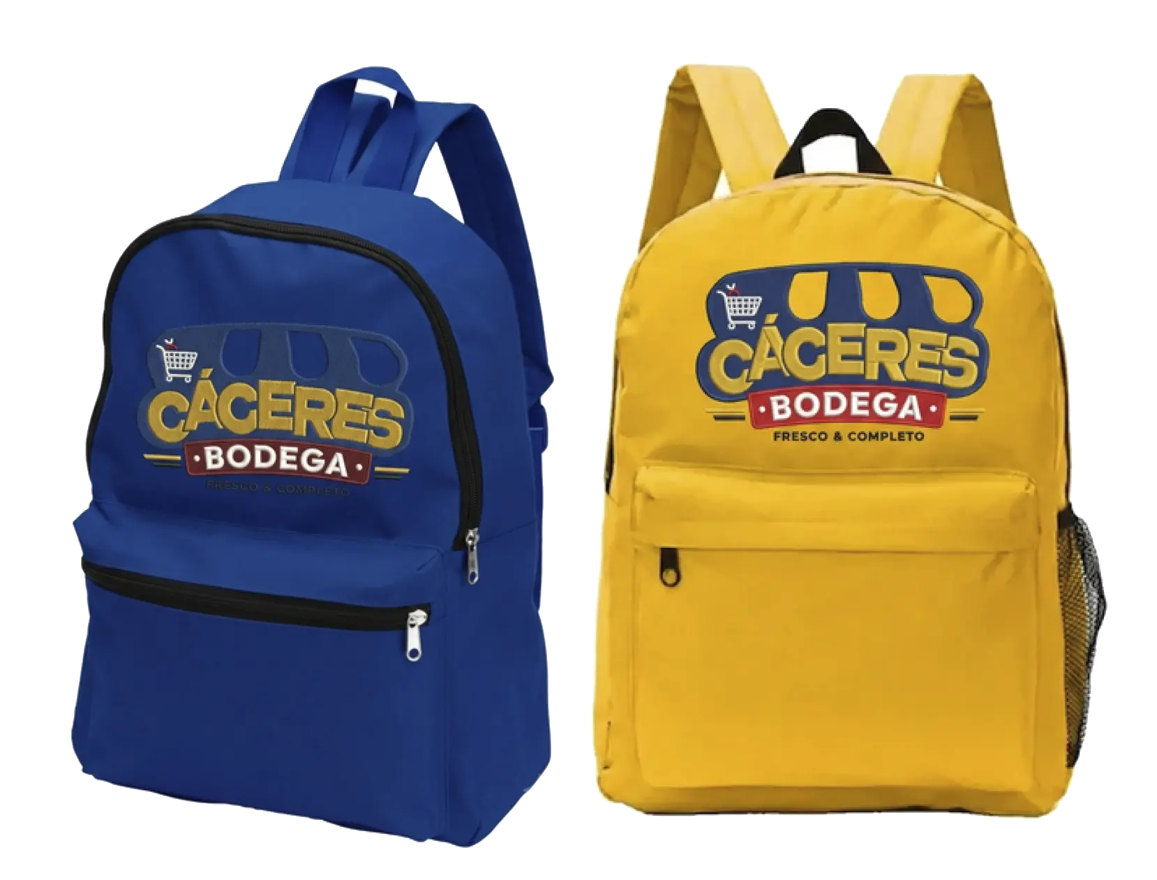 Mochilas institucionales de CÁCERES Bodega en azul y amarillo