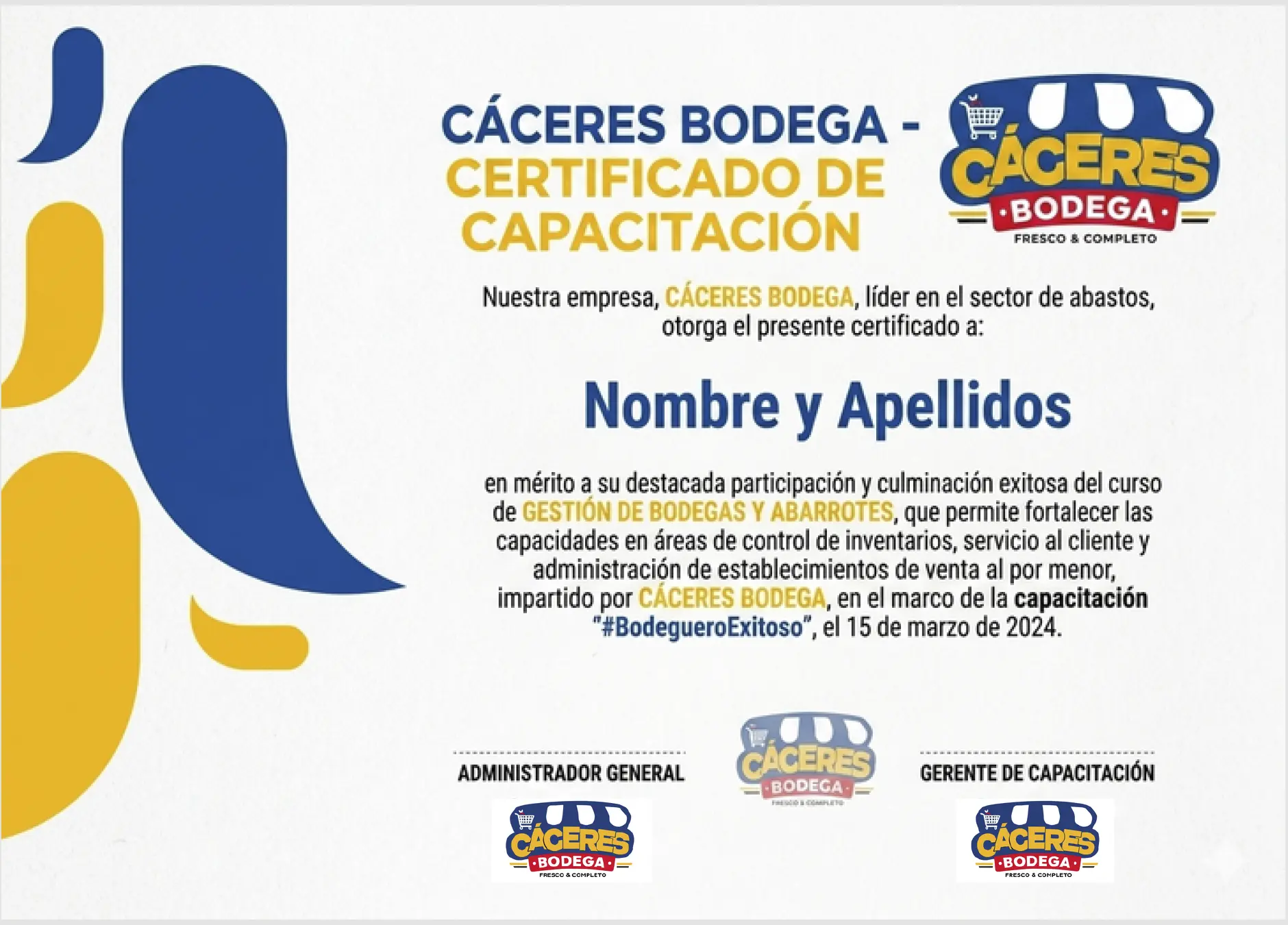 Certificado de capacitación de CÁCERES Bodega