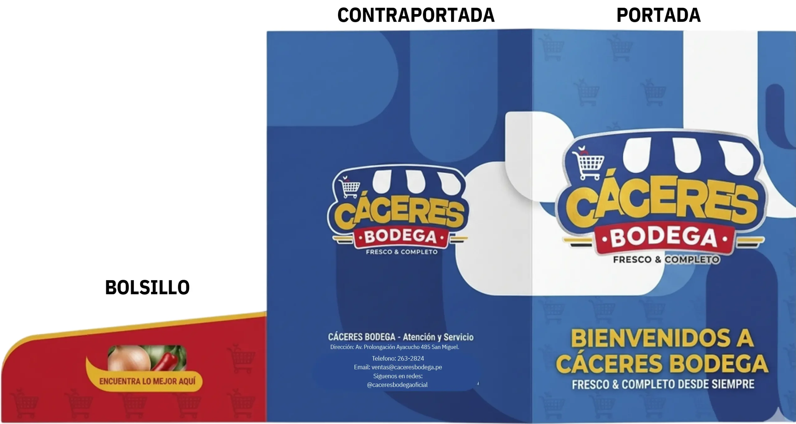 Folder institucional de CÁCERES Bodega: portada, contraportada y bolsillo
